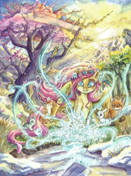 Size: 1024x1375 | Tagged: safe, artist:the-wizard-of-art, character:fluttershy, species:bird, species:fox, species:pegasus, species:pony, species:rabbit, cat, crepuscular rays, female, floral head wreath, flower, forest, looking at something, mountain, snow, solo, spread wings, spring, squirrel, traditional art, watercolor painting, wings
