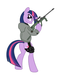 Size: 2872x3528 | Tagged: safe, artist:shadawg, character:twilight sparkle, species:pony, assault rifle, bipedal, clothing, female, gun, hoodie, rifle, solo, steyr aug, weapon