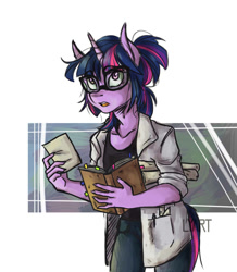 Size: 786x900 | Tagged: safe, artist:lya, character:twilight sparkle, species:anthro, book, clothing, female, glasses, kezsüel, lab coat, open mouth, ponytail, roleplaying, solo, standing