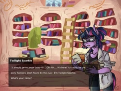 Size: 1333x1000 | Tagged: safe, artist:lya, character:twilight sparkle, species:anthro, book, clothing, colored, dating sim, female, glasses, kezsüel, lab coat, library, post-apocalyptic, roleplaying, solo, text, visual novel