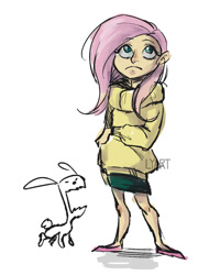 Size: 758x1000 | Tagged: safe, artist:lya, character:angel bunny, character:fluttershy, species:human, clothing, female, humanized, shoes, skirt, solo, standing, strange, sweater, sweatershy, weird