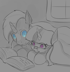Size: 1000x1028 | Tagged: safe, artist:jakashi, character:moondancer, character:sunburst, /mlp/, ship:sundancer, blanket, book, cute, female, lineart, male, prone, reading, shipping, smiling, snuggling, straight, wip