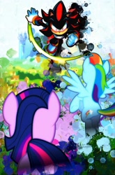 Size: 1202x1826 | Tagged: safe, artist:birthofthepheonix, artist:ultimate-xovers, character:rainbow dash, character:twilight sparkle, crossover, fight, shadow the edgehog, shadow the hedgehog, sonic the hedgehog (series)