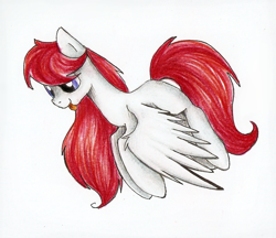 Size: 976x844 | Tagged: safe, artist:mufflinka, oc, oc only, oc:alice, species:pegasus, species:pony, flying, pegasus oc, solo, tongue out, traditional art, wings