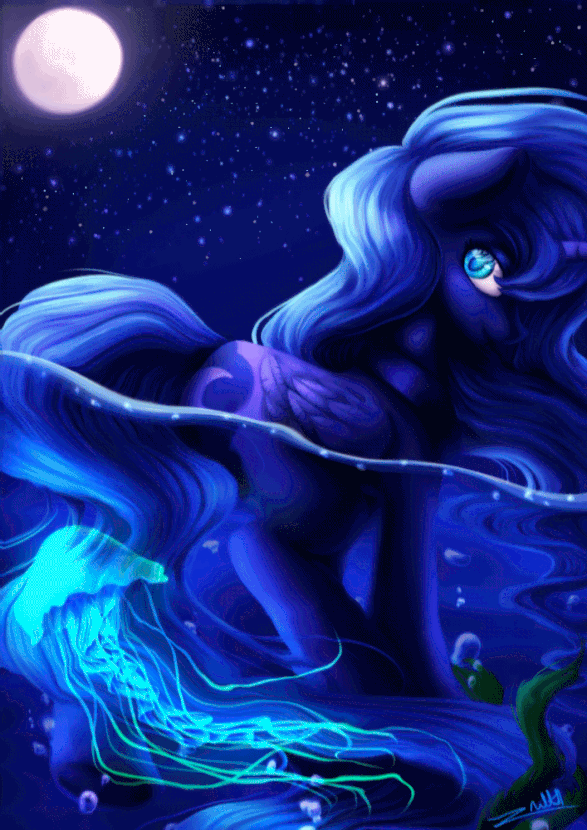Size: 587x830 | Tagged: safe, artist:theshadowscale, artist:zodiacnicola, character:princess luna, species:alicorn, species:pony, g4, animated, bubble, female, folded wings, horn, jellyfish, looking back, mare, moon, night sky, ocean, profile, signature, smiling, solo, stars, underwater, water, wings