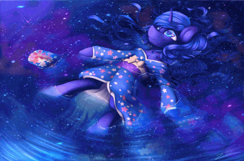 Size: 840x556 | Tagged: safe, artist:theshadowscale, artist:zodiacnicola, character:princess luna, animated, clothing, female, floating, kimono (clothing), solo, water