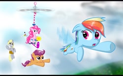 Size: 1680x1050 | Tagged: safe, artist:hereticofdune, character:derpy hooves, character:pinkie pie, character:rainbow dash, character:scootaloo, species:pegasus, species:pony, female, helicopter, mare, scootaloo can fly
