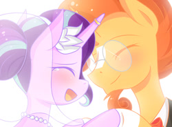 Size: 900x663 | Tagged: safe, artist:littlecloudie, character:starlight glimmer, character:sunburst, species:pony, species:unicorn, ship:starburst, bridal veil, clothing, crying, cute, engagement ring, eyes closed, female, glasses, glimmerbetes, happiness, happy, horn, horn ring, jewelry, male, mare, marriage, open mouth, ring, shipping, smiling, stallion, straight, tears of joy, tuxedo, veil, wedding, wedding ring, wedding veil