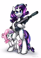 Size: 3508x4960 | Tagged: dead source, safe, artist:vombavr, character:rarity, character:sweetie belle, species:pony, bipedal, drum magazine, duo, eotech, female, gun, hiding, holographic sight, m14, m14 ebr, magpul, picatinny rail, protecting, rifle, siblings, sisters, suppressor, weapon