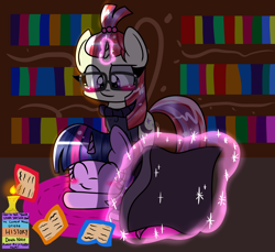 Size: 1744x1600 | Tagged: dead source, safe, artist:artypaints, character:moondancer, character:twilight sparkle, character:twilight sparkle (alicorn), species:alicorn, species:pony, ship:twidancer, blanket, blushing, book, female, glasses, lesbian, levitation, magic, mare, shipping, sleeping, telekinesis
