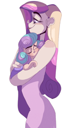 Size: 1600x3300 | Tagged: safe, artist:mili-kat, character:princess cadance, character:princess flurry heart, species:human, eyes closed, freckles, hug, humanized, mama cadence, mother and daughter, sleeping