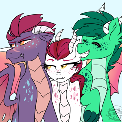 Size: 1024x1024 | Tagged: safe, artist:h0mi3, oc, oc only, oc:aqui, oc:dacite, oc:kygo, parent:fizzle, parent:garble, parent:princess ember, parent:rarity, parent:roseluck, parent:spike, parents:emble, parents:sparity, species:dracony, episode:gauntlet of fire, g4, my little pony: friendship is magic, blushing, crack shipping, embrace, hug, hybrid, interspecies offspring, offspring