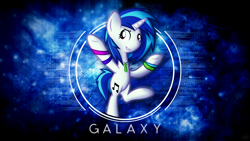 Size: 1920x1080 | Tagged: safe, artist:blueblitzie, artist:brainlesspoop, character:dj pon-3, character:vinyl scratch, species:pony, species:unicorn, cutie mark, female, glowstick, hooves, horn, mare, rave, smiling, solo, space, standing, standing on one leg, teeth, text, vector, wallpaper