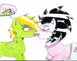 Size: 2151x1700 | Tagged: safe, artist:haruka takahashi, oc, oc only, oc:haruka takahashi, oc:michael, species:earth pony, species:pegasus, species:pony, blushing, female, licking, mare, shocked, tongue out, traditional art