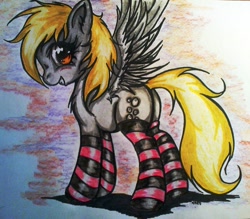 Size: 1590x1390 | Tagged: safe, artist:tomek2289, character:derpy hooves, species:pegasus, species:pony, blushing, chest fluff, clothing, female, mare, socks, solo, striped socks, traditional art