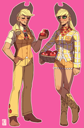 Size: 777x1181 | Tagged: safe, artist:emlan, character:applejack, species:human, apple, applejack's hat, basket, boots, clothing, cowboy boots, cowboy hat, female, food, hat, humanized, simple background, solo