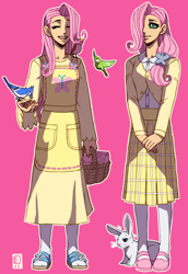 Size: 716x1040 | Tagged: safe, artist:emlan, character:angel bunny, character:fluttershy, species:bird, species:human, species:rabbit, basket, clothing, female, humanized, mary janes, simple background, skirt