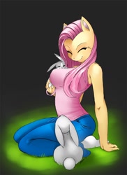 Size: 1148x1578 | Tagged: safe, artist:shnider, edit, character:fluttershy, species:anthro, species:plantigrade anthro, species:rabbit, big breasts, breasts, busty fluttershy, clothing, female, fluffy, jeans, pants, shirt