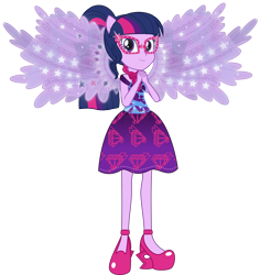 Size: 3000x3180 | Tagged: safe, artist:crimsumic, character:twilight sparkle, character:twilight sparkle (scitwi), species:eqg human, equestria girls:legend of everfree, g4, my little pony: equestria girls, my little pony:equestria girls, clothing, female, glasses, high heels, ponied up, scitwilicorn, simple background, solo, sparkling, transparent background, vector, wings