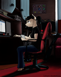 Size: 1600x2014 | Tagged: safe, artist:apocheck13, oc, oc only, oc:elya, species:anthro, species:plantigrade anthro, species:pony, species:unicorn, chair, clothing, computer, jeans, pants, ponytail, solo, t-shirt