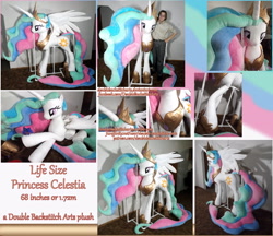 Size: 3437x2965 | Tagged: dead source, safe, artist:doublebackstitcharts, character:princess celestia, character:princess luna, species:alicorn, species:human, species:pony, commission, crown, funko, horseshoes, irl, irl human, life size, lying down, necklace, photo, plot, plushie, prone, raised hoof, regalia, size comparison, toy