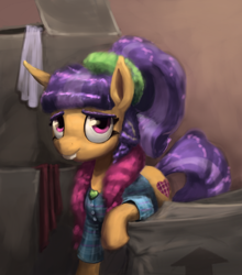 Size: 884x1004 | Tagged: safe, artist:bakuel, character:plaid stripes, episode:the saddle row review, g4, my little pony: friendship is magic, box, bucktooth, clothing, cute, eyelashes, female, leaning, looking at you, plaidabetes, raised hoof, smiling, solo