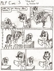 Size: 1024x1339 | Tagged: safe, artist:horselover fat, character:rainbow dash, character:rarity, character:sweetie belle, comic:mlp comic, black and white, comic, garfield, grayscale, grotesque series, monochrome, semi-grimdark series, wat