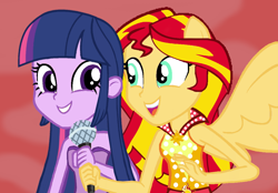 Size: 1024x712 | Tagged: safe, artist:sunsetshimmer333, character:sunset shimmer, character:twilight sparkle, equestria girls:rainbow rocks, g4, my little pony: equestria girls, my little pony:equestria girls, alicornified, alternate universe, microphone, ponied up, race swap, role reversal, shimmercorn, singing