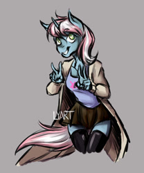 Size: 996x1200 | Tagged: safe, artist:lya, oc, oc only, species:anthro, species:pony, species:unicorn, clothing, colored, digital art, female, miniskirt, peace sign, pleated skirt, request, skirt, smiling, socks, solo, thigh highs, zettai ryouiki