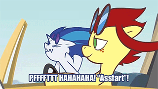 Size: 320x180 | Tagged: safe, artist:crikeydave, edit, character:dj pon-3, character:vinyl scratch, oc, oc:canni soda, species:earth pony, species:pony, species:unicorn, animated, assfart, ausfahrt, background pony, caption, car, convertible, duo, female, galacon, galacon 2014, image macro, impact font, laughing, mare, mascot, meme, sunglasses, vinyl and canni go to galacon '14, vinyl's glasses, vulgar, windswept mane, youtube link