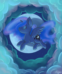 Size: 1009x1200 | Tagged: safe, artist:erysz, character:princess luna, eyes closed, female, filly, moon, night, smiling, solo, woona