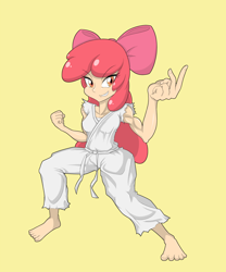 Size: 4000x4800 | Tagged: safe, artist:janji009, character:apple bloom, species:human, adorabloom, apple brawn, barefoot, clothing, cute, feet, female, gi, humanized, karate, karatebloom, light skin, martial arts, muscles, ripped sleeves, robe, solo, trousers, white belt