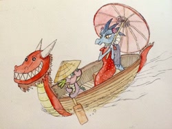 Size: 2048x1536 | Tagged: safe, artist:peichenphilip, character:princess ember, character:spike, species:dragon, boat, cheongsam, chinese, clothing, dragon boat festival, dress, hat, looking at each other, oar, smiling, straw hat, traditional art, umbrella