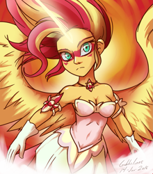 Size: 1305x1480 | Tagged: safe, artist:gabbslines, character:daydream shimmer, character:sunset shimmer, equestria girls:friendship games, g4, my little pony: equestria girls, my little pony:equestria girls, artificial wings, augmented, belly button, breasts, busty sunset shimmer, cleavage, clothing, daydream shimmer, dress, face paint, featured on derpibooru, female, glowing horn, jewelry, looking at you, magic, magic wings, necklace, pendant, sexy, signature, solo, spread wings, wings