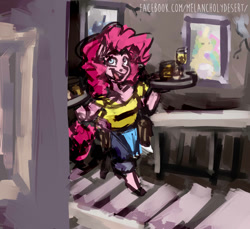 Size: 1486x1359 | Tagged: safe, artist:lya, character:pinkie pie, species:anthro, alcohol, beer, champagne, colored, concept art, female, glasses, kezsüel, post-apocalyptic, roleplay, smiling, solo, stairs, waitress, walking