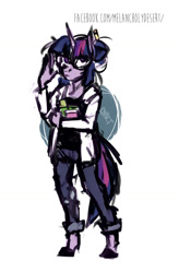 Size: 867x1319 | Tagged: safe, artist:lya, character:twilight sparkle, species:anthro, species:unguligrade anthro, book, clothing, colored, digital art, female, glasses, kezsüel, lab coat, post-apocalyptic, sketch, solo, standing