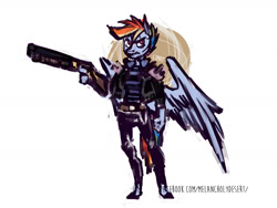 Size: 1600x1200 | Tagged: safe, artist:lya, character:rainbow dash, species:anthro, species:unguligrade anthro, armor, clothing, colored, digital art, female, gun, kezsüel, leather jacket, military, post-apocalyptic, shotgun, sketch, solo, standing, weapon