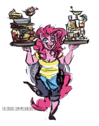 Size: 940x1200 | Tagged: safe, artist:lya, character:pinkie pie, species:anthro, species:unguligrade anthro, alcohol, beer, breasts, cleavage, clothing, colored, digital art, female, food, glass, jeans, kezsüel, pants, post-apocalyptic, roleplaying, sketch, solo, tray, waitress