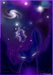 Size: 2507x3541 | Tagged: safe, artist:monochromacat, character:princess luna, dark, eyes closed, female, galaxy mane, magic, one layer, signature, solo, space