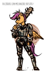 Size: 658x945 | Tagged: safe, artist:lya, character:scootaloo, species:pegasus, species:pony, armor, baseball bat, female, grumpy, kezsüel, military, post-apocalyptic, roleplaying, solo, standing
