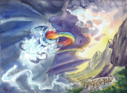 Size: 1280x942 | Tagged: safe, artist:the-wizard-of-art, character:rainbow dash, canterlot, female, flying, lightning, scenery, solo, storm, thunderstorm, traditional art, watercolor painting