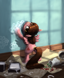 Size: 961x1164 | Tagged: safe, artist:bakuel, oc, oc only, oc:shyfly, species:pegasus, species:pony, broken, cute, female, filly, ocbetes, painting, solo, vase