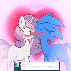 Size: 1000x1000 | Tagged: dead source, safe, artist:tails-doll-lover, character:sonic the hedgehog, character:sweetie belle, oc, oc:sonic dash, ask, blushing, canon x oc, crossover shipping, kissing, ponified, shipping, sonic the hedgehog (series), sonicbelle, teenage crusaders answers, teenager, tumblr