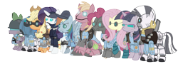 Size: 2333x842 | Tagged: safe, artist:avastindy, edit, character:applejack, character:big mcintosh, character:fluttershy, character:pinkie pie, character:rainbow dash, character:rarity, character:spike, character:twilight sparkle, character:zecora, species:earth pony, species:pony, species:zebra, crossover, male, mane seven, mane six, mann vs machine, robot, robot pony, simple background, stallion, team fortress 2, transparent background, vector, vector edit