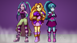 Size: 1600x900 | Tagged: safe, artist:gabbslines, character:adagio dazzle, character:aria blaze, character:sonata dusk, equestria girls:rainbow rocks, g4, my little pony: equestria girls, my little pony:equestria girls, bare shoulders, boots, clothing, dress, group, jewelry, microphone, necklace, pantyhose, pendant, pigtails, ponytail, signature, skirt, sleeveless, spikes, striped pantyhose, the dazzlings, trio