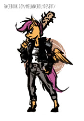 Size: 658x945 | Tagged: safe, artist:lya, character:scootaloo, species:anthro, species:pegasus, species:pony, species:unguligrade anthro, baseball bat, clothing, female, grumpy, jacket, jeans, kezsüel, pants, post-apocalyptic, roleplaying, solo, standing, wings