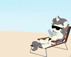 Size: 750x600 | Tagged: safe, artist:lion-grey, oc, oc only, oc:short fuse, species:pony, species:unicorn, beach, male, solo, sunglasses, vacation