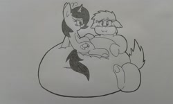 Size: 2560x1536 | Tagged: safe, artist:chromchill12, oc, oc only, oc:chromie, belly, belly bed, belly button, blushing, fat, impossibly large belly, lineart, monochrome, obese, traditional art