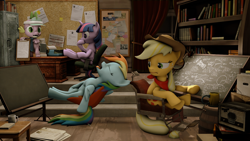 Size: 1920x1080 | Tagged: safe, artist:tonkano, character:applejack, character:rainbow dash, character:spike, character:twilight sparkle, character:twilight sparkle (alicorn), species:alicorn, species:pony, 3d, annoyed, book, bookshelf, chair, eyes closed, office, office chair, on back, sitting, sleeping, source filmmaker, table, tongue out