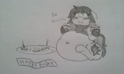 Size: 2560x1536 | Tagged: safe, artist:chromchill12, oc, oc only, oc:flamespitter, belly, belly button, birthday, cake, chubby, fat, female, food, monochrome, solo, stuffing, traditional art